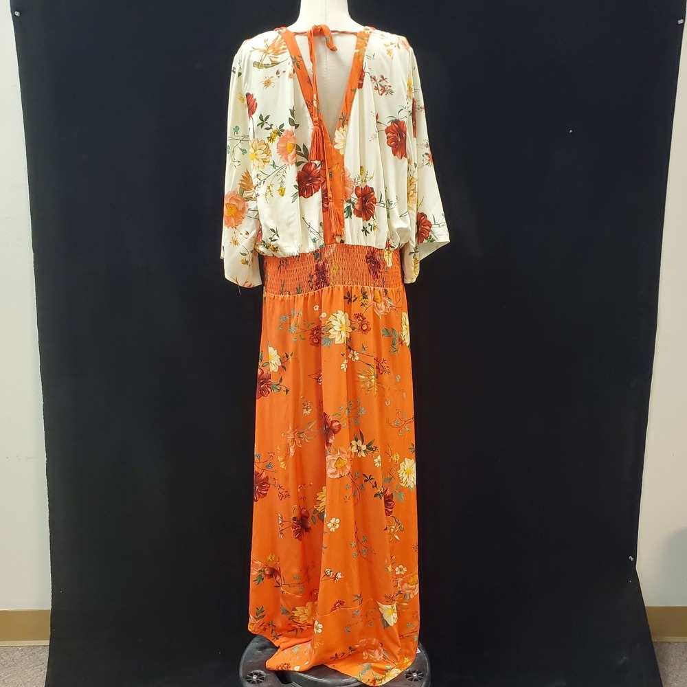 Farm Rio Anthropologie Womens Kiera Maxi Dress Size L Orange Floral Boho Hippie - Picture 3 of 11